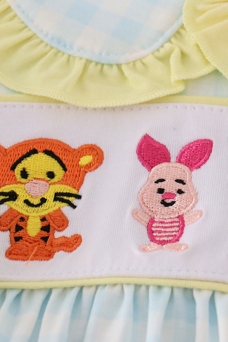 Tiger, Pig, Bear Character Embroidery Gingham Ruffle Shorts Set
