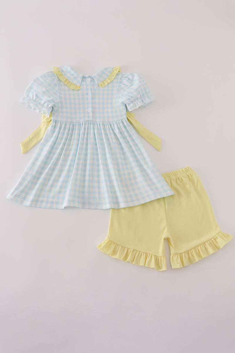 Tiger, Pig, Bear Character Embroidery Gingham Ruffle Shorts Set