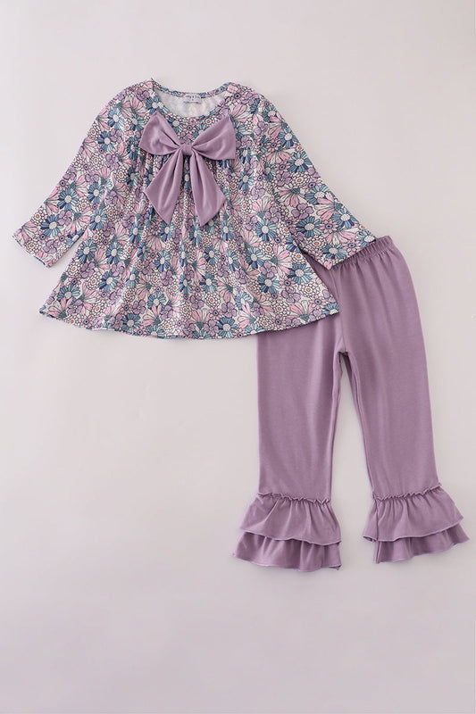 Purple floral bow ruffle pants set