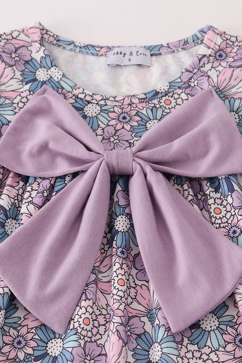 Purple floral bow ruffle pants set