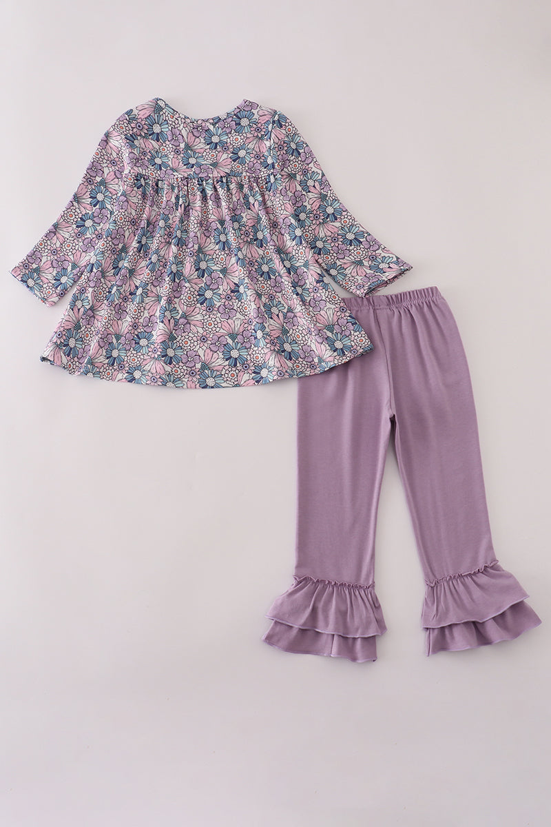 Purple floral bow ruffle pants set