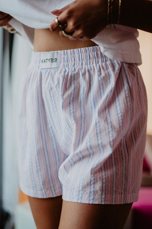 Light Pink and Blue Striped Ladies Boxer Shorts