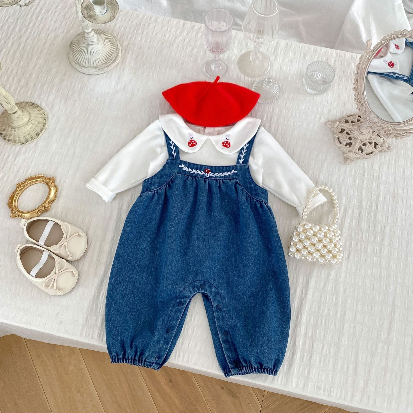 Arrival Autumn Baby Girls Long Sleeves Embroidered Top Shirt and Denim Overalls – Clothing Set