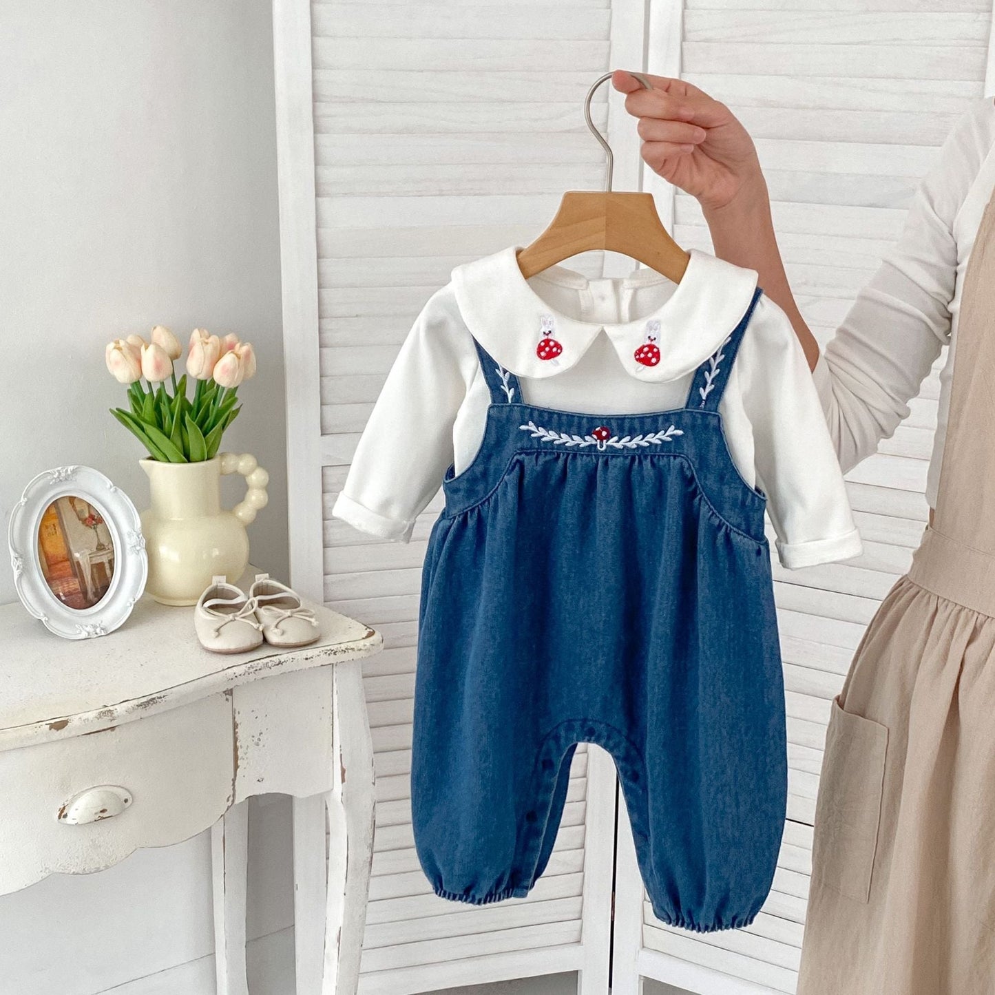 Arrival Autumn Baby Girls Long Sleeves Embroidered Top Shirt and Denim Overalls – Clothing Set