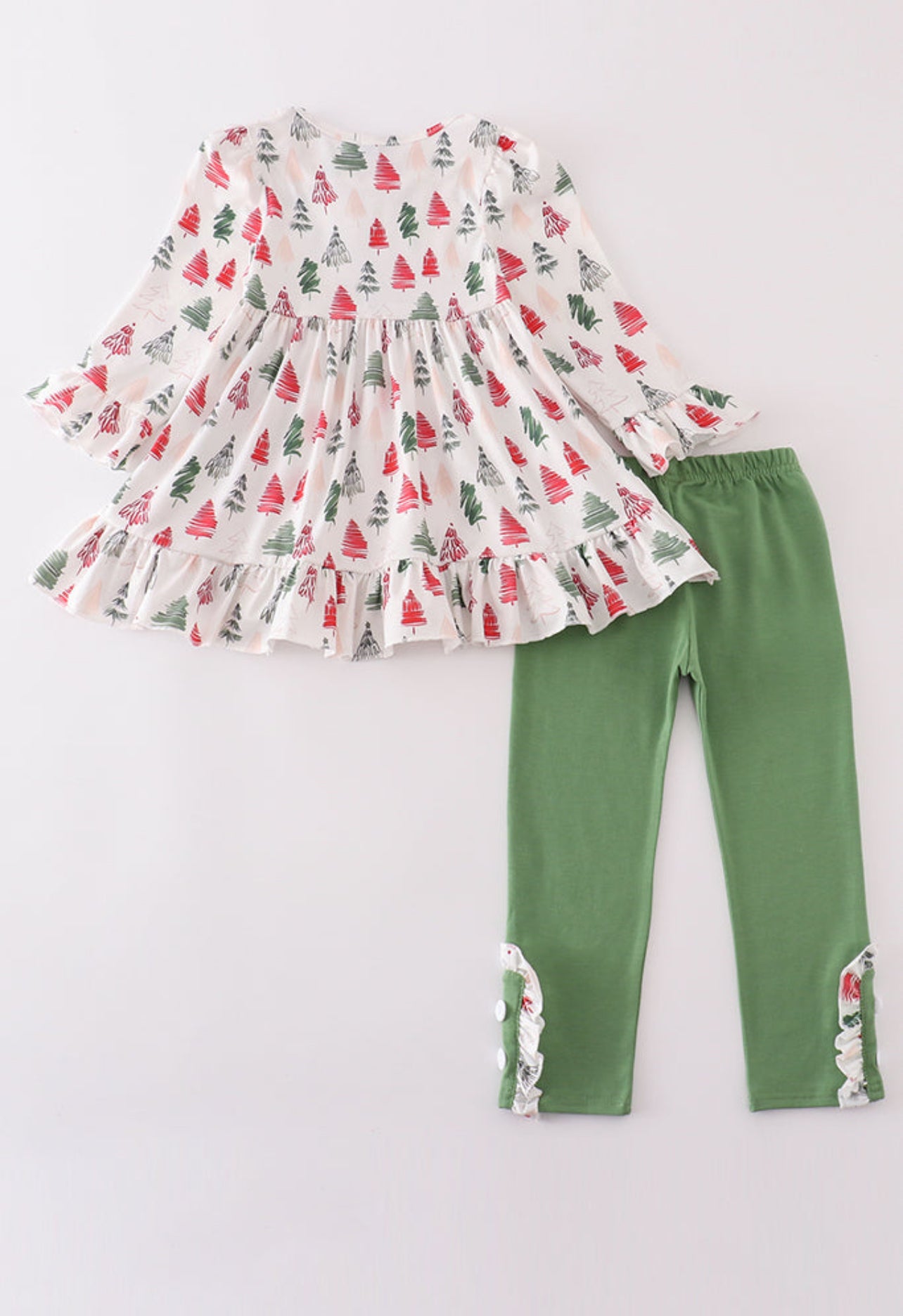 Green Christmas Tree Print Ruffle Girl Set