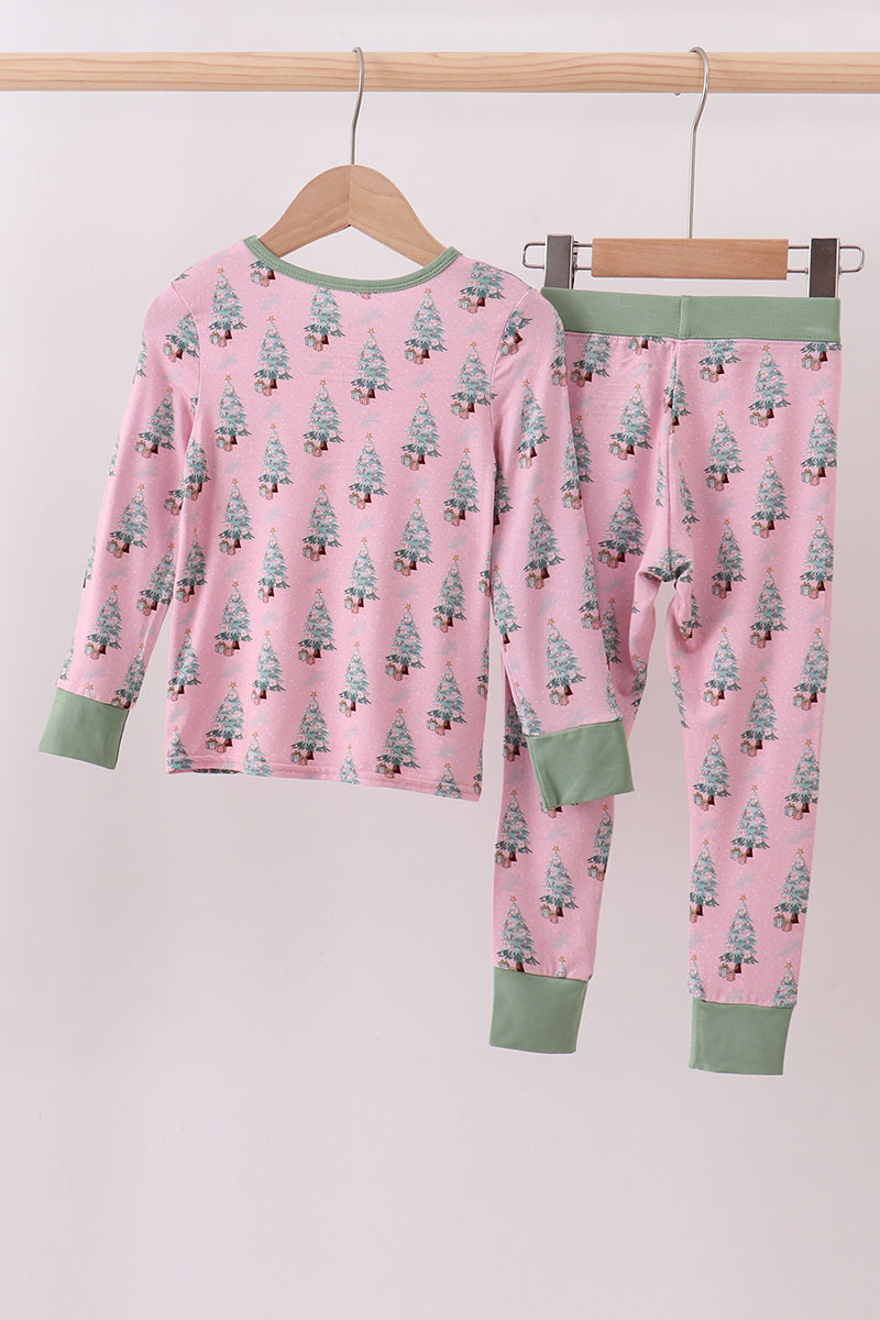 Pink christmas tree bamboo pants set