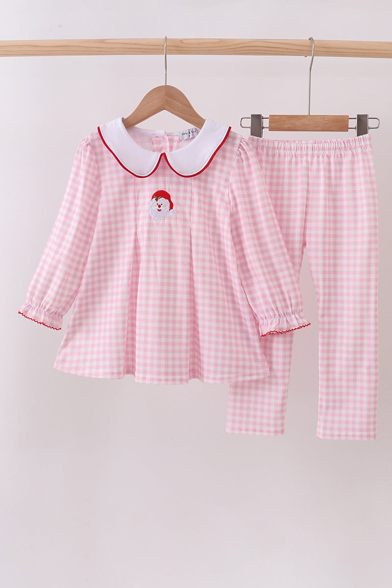 Pink santa claus embroidery gingham pants set