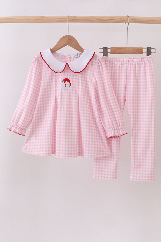 Pink santa claus embroidery gingham pants set
