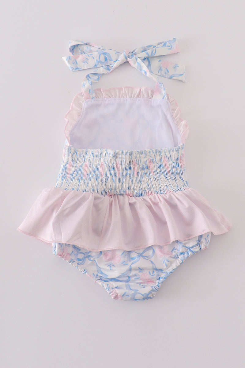 Blue bow tie print smocked girl swimsuit