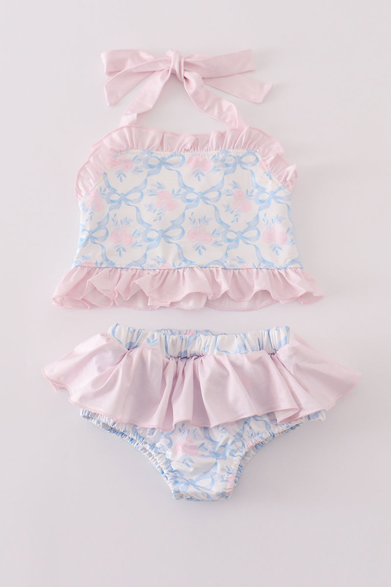 Blue bow tie print smocked 2pc girl swimsuit