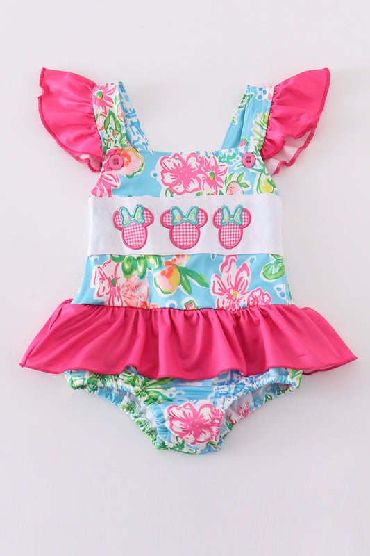 Pink floral character applique girl swimsuit