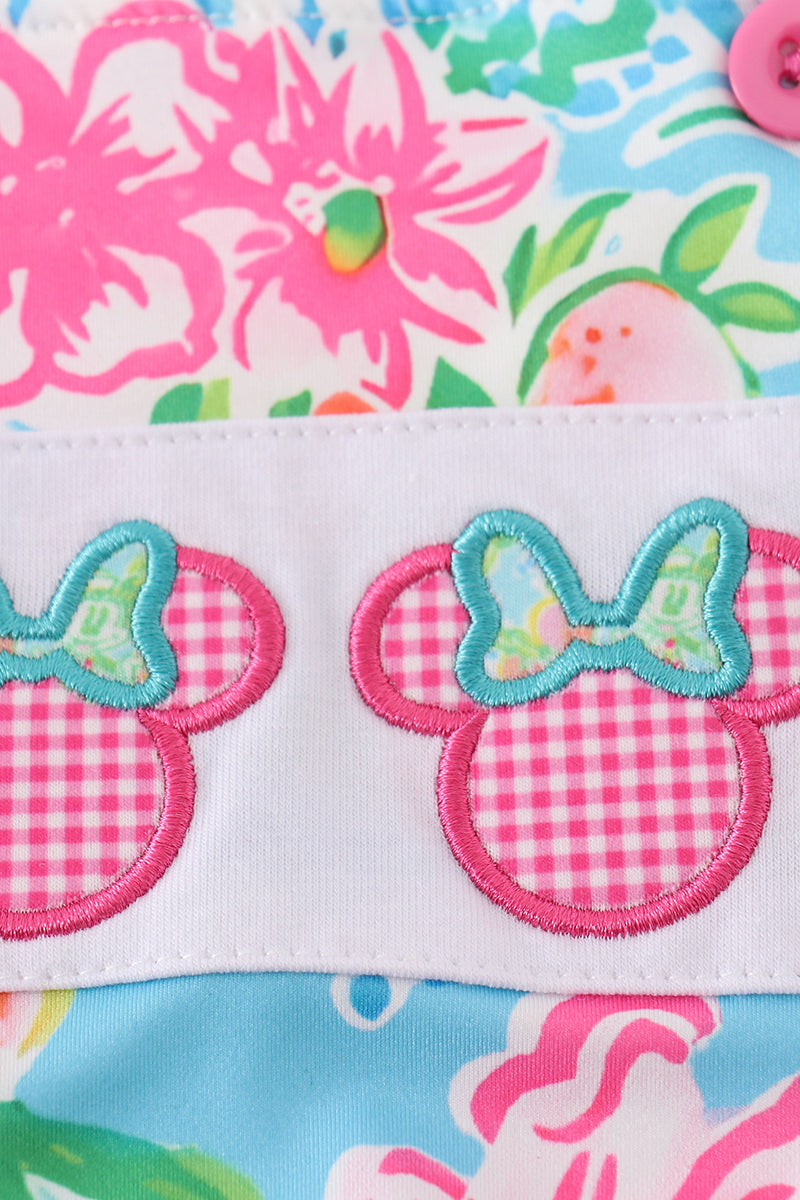 Pink floral character applique girl swimsuit