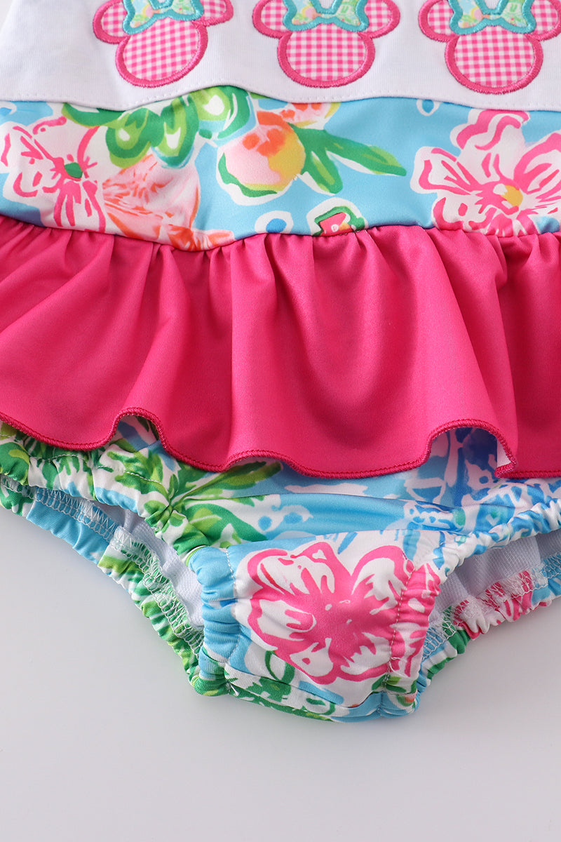 Pink floral character applique girl swimsuit