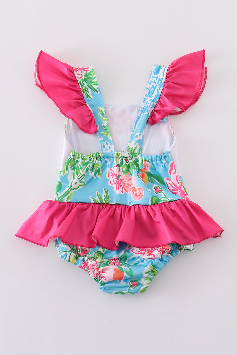 Pink floral character applique girl swimsuit