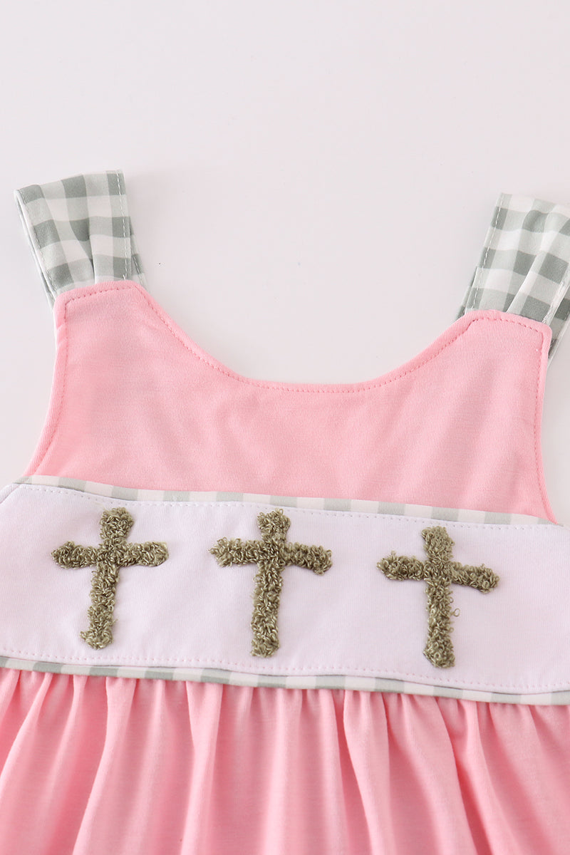 Pink easter cross french knot girl bloomer set