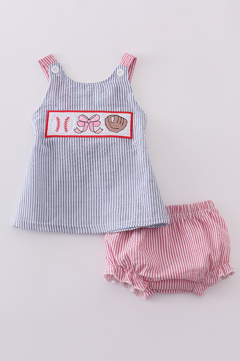 Pink baseball embroidery smocked bloomer set