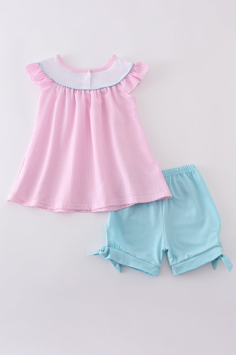 Pink seersucker animal embroidery set