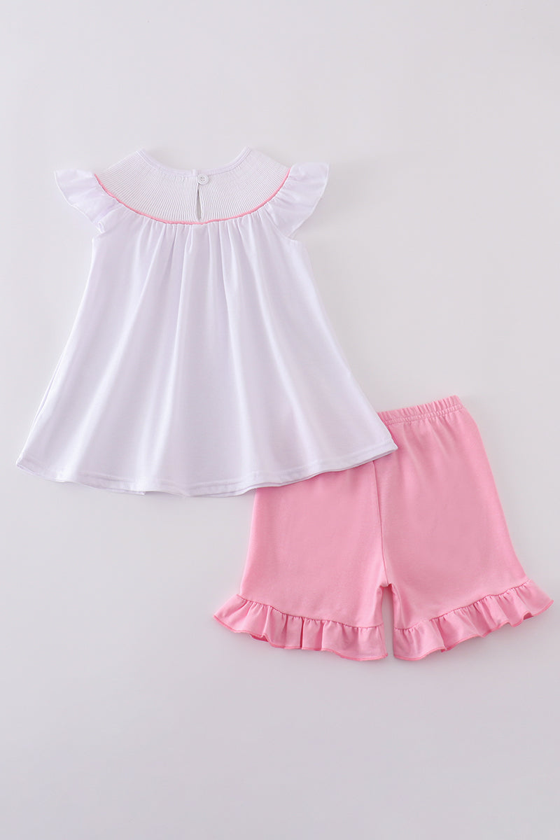 Pink cross embroider smocked set