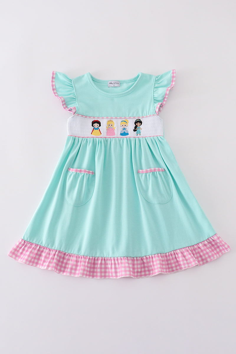 Mint princess embroidery gingham ruffle dress
