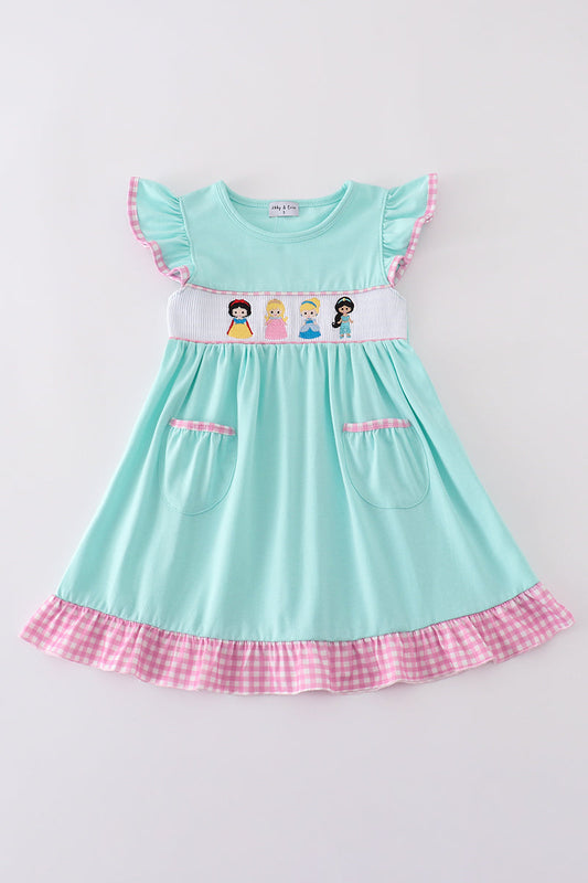 Mint princess embroidery gingham ruffle dress
