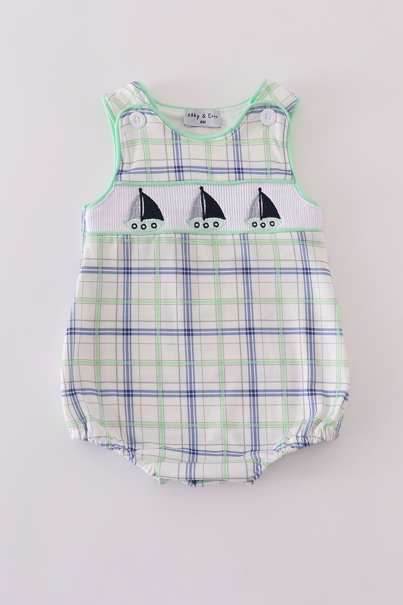 Green seersucker sailboat embroidery smocked bubble