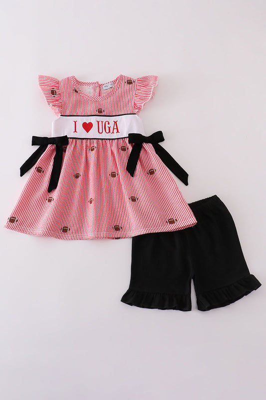 Red stripe I love UGA embroidery seersucker football set