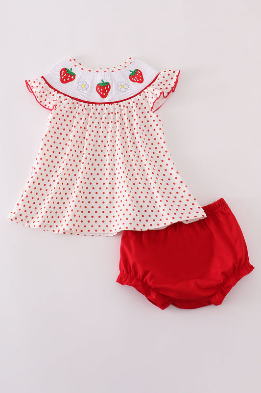 Red dot strawberry embroidery smocked bloomer set