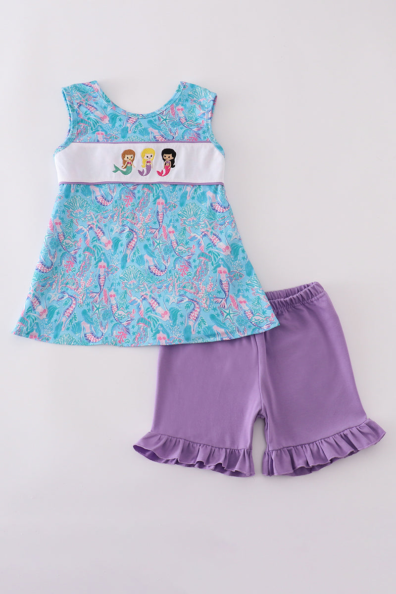 Mermaid lagoon embroidery shorts set