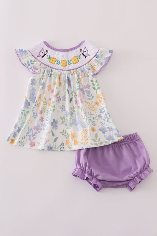 Purple floral embroidery smocked bloomer set