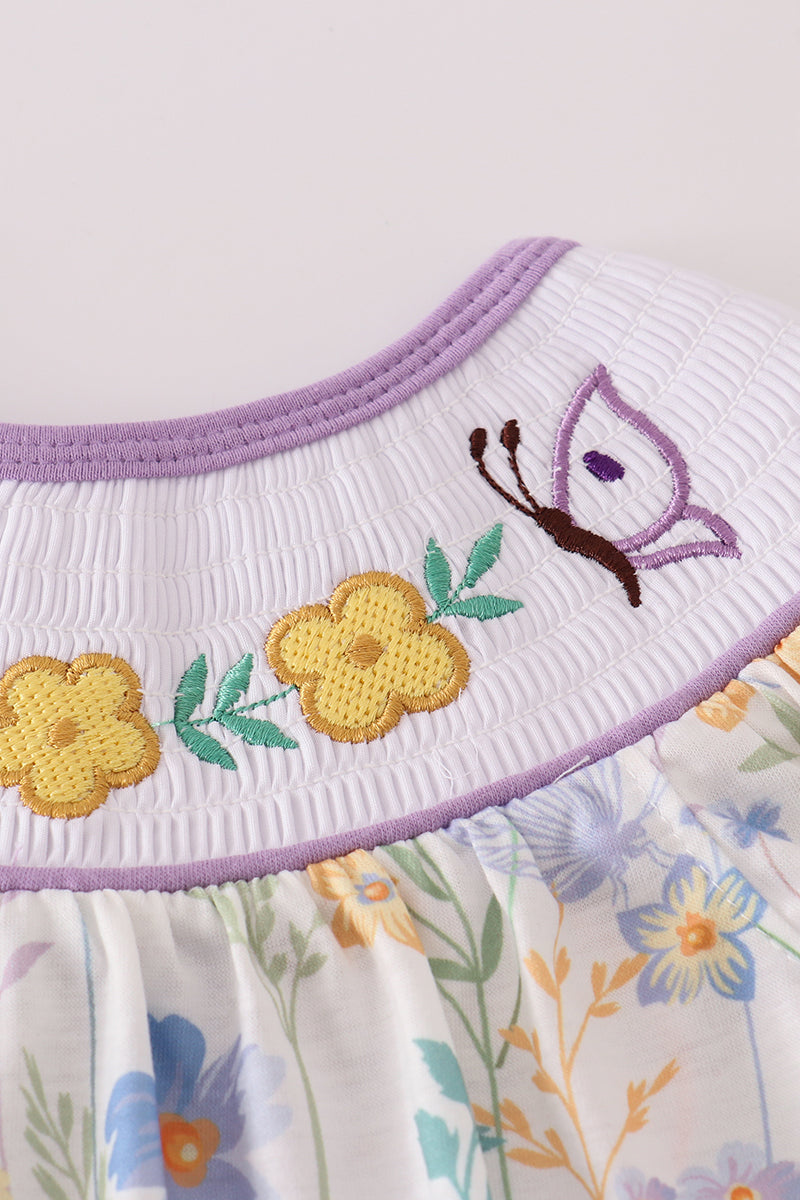 Purple floral embroidery smocked bloomer set