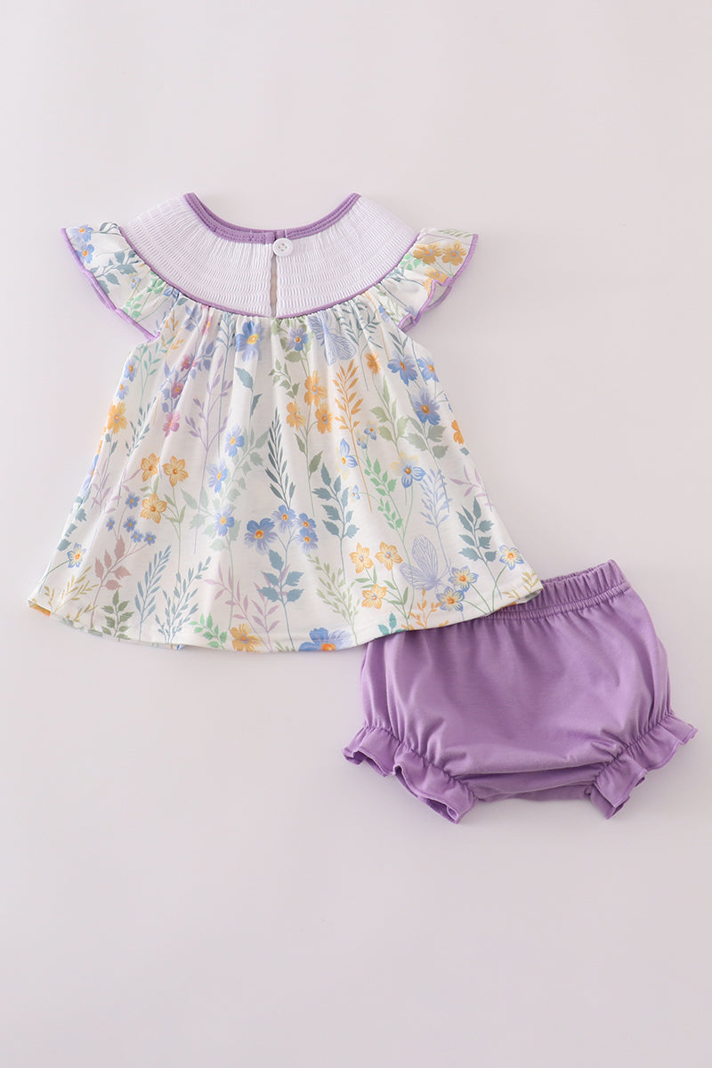 Purple floral embroidery smocked bloomer set