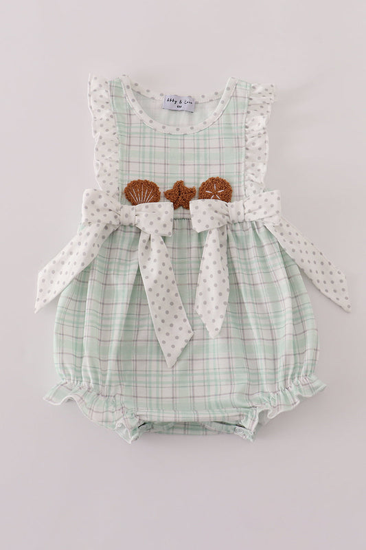 Green plaid sea shell french knot ruffle bubble