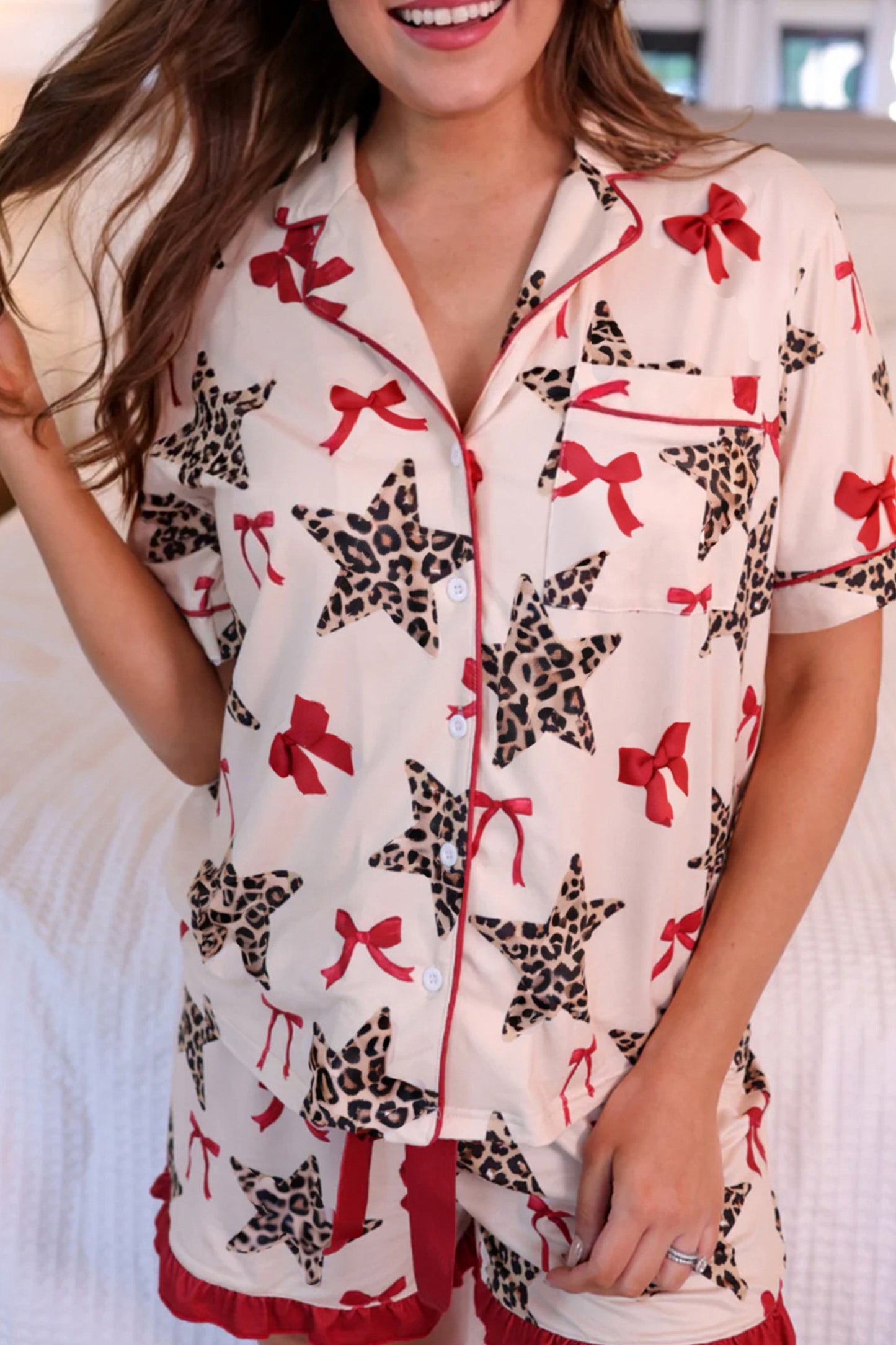 White Leopard Star Ribbon Bow Print Contrast Trim Short Pajama Set