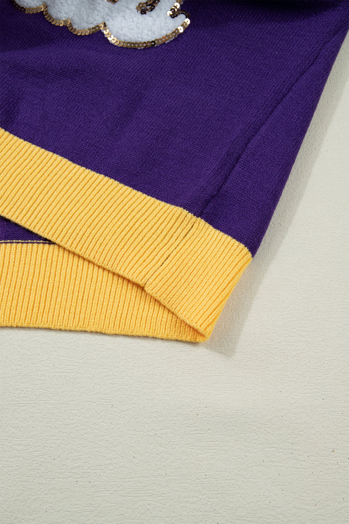 Tillandsia Purple Colorblock Patchwork Fuzzy Mardi Gras Graphic Sweater