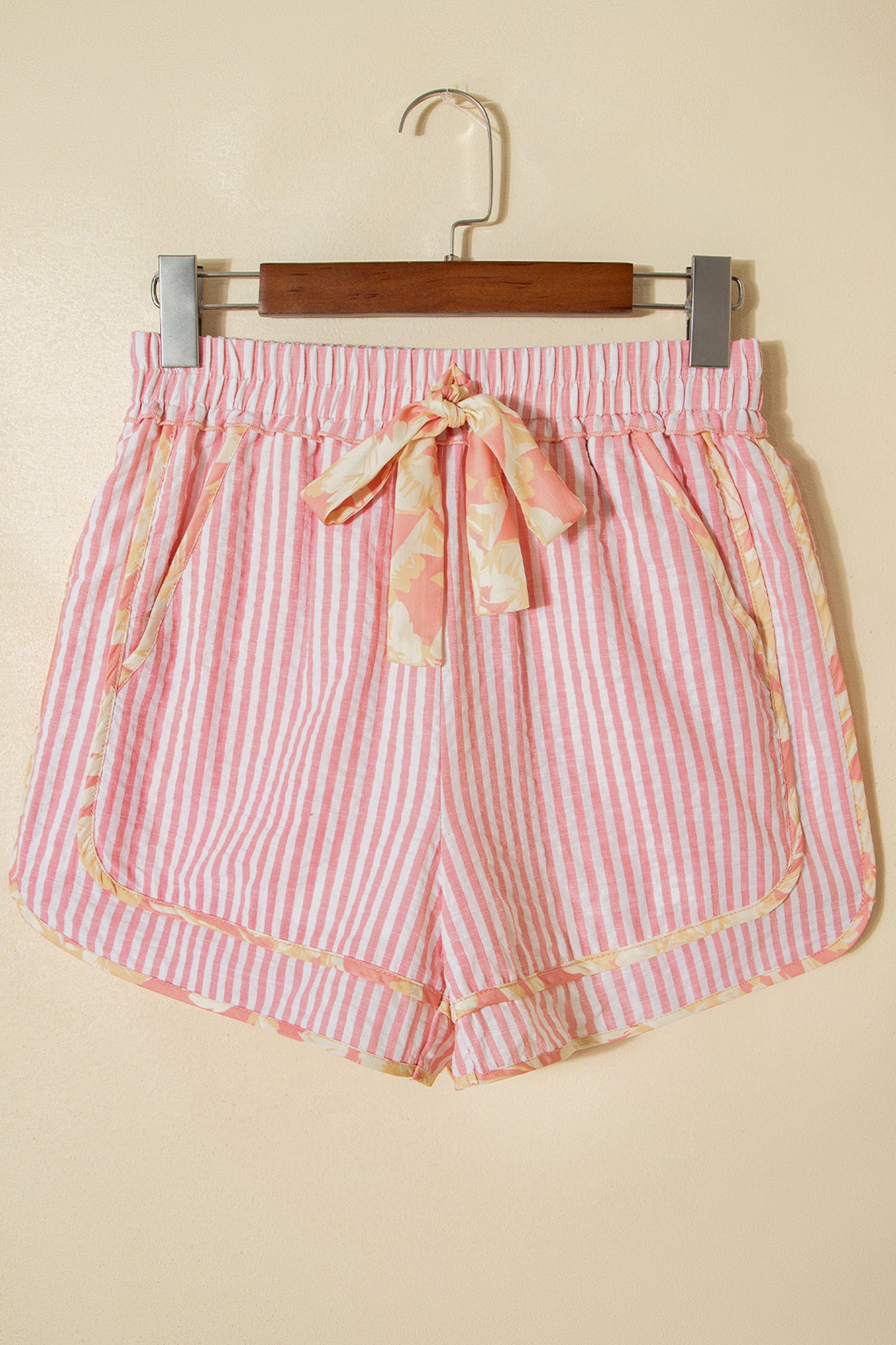 Light Pink Floral Trim Ribbon Knot Striped Casual Shorts