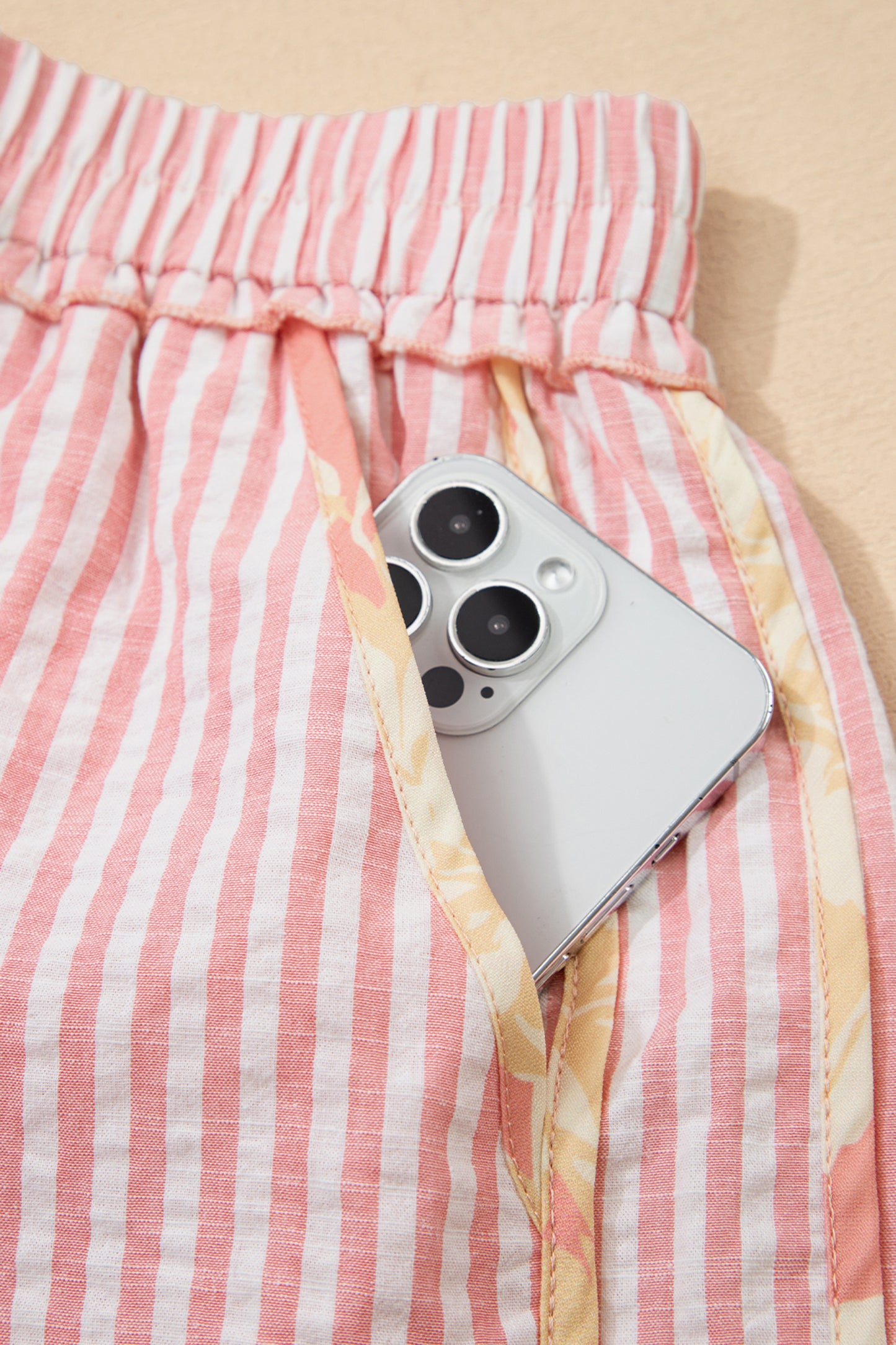 Light Pink Floral Trim Ribbon Knot Striped Casual Shorts