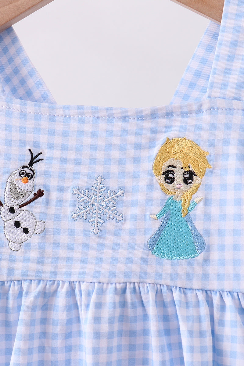 Premium blue snowman embroidery gingham ruffle pants set