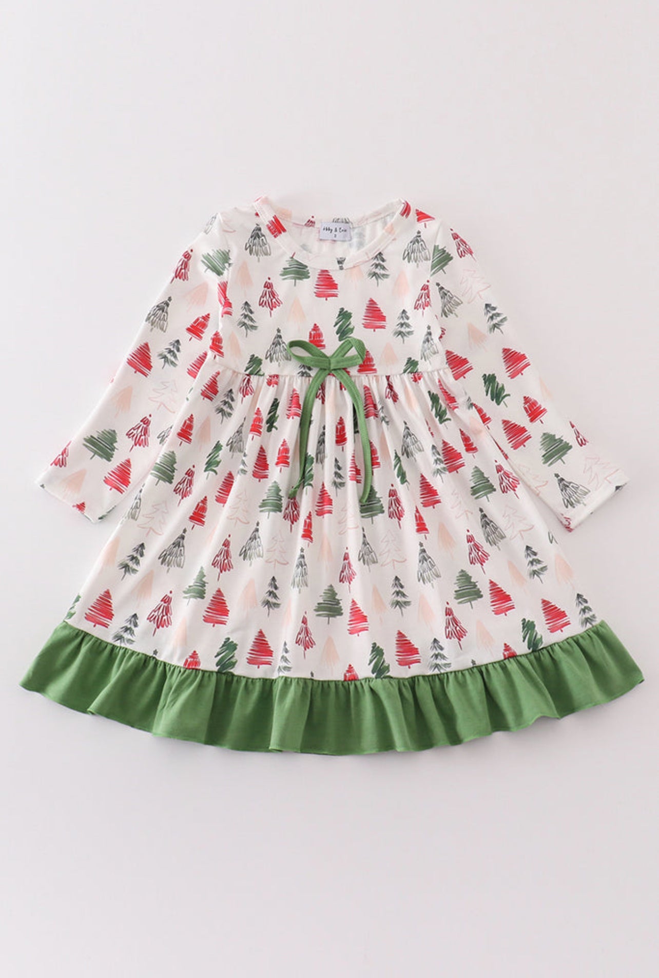 Green Christmas Tree Print Ruffle Girl’s Dress