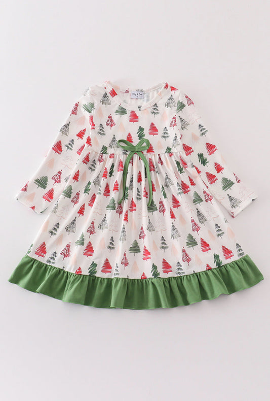 Green Christmas Tree Print Ruffle Girl’s Dress