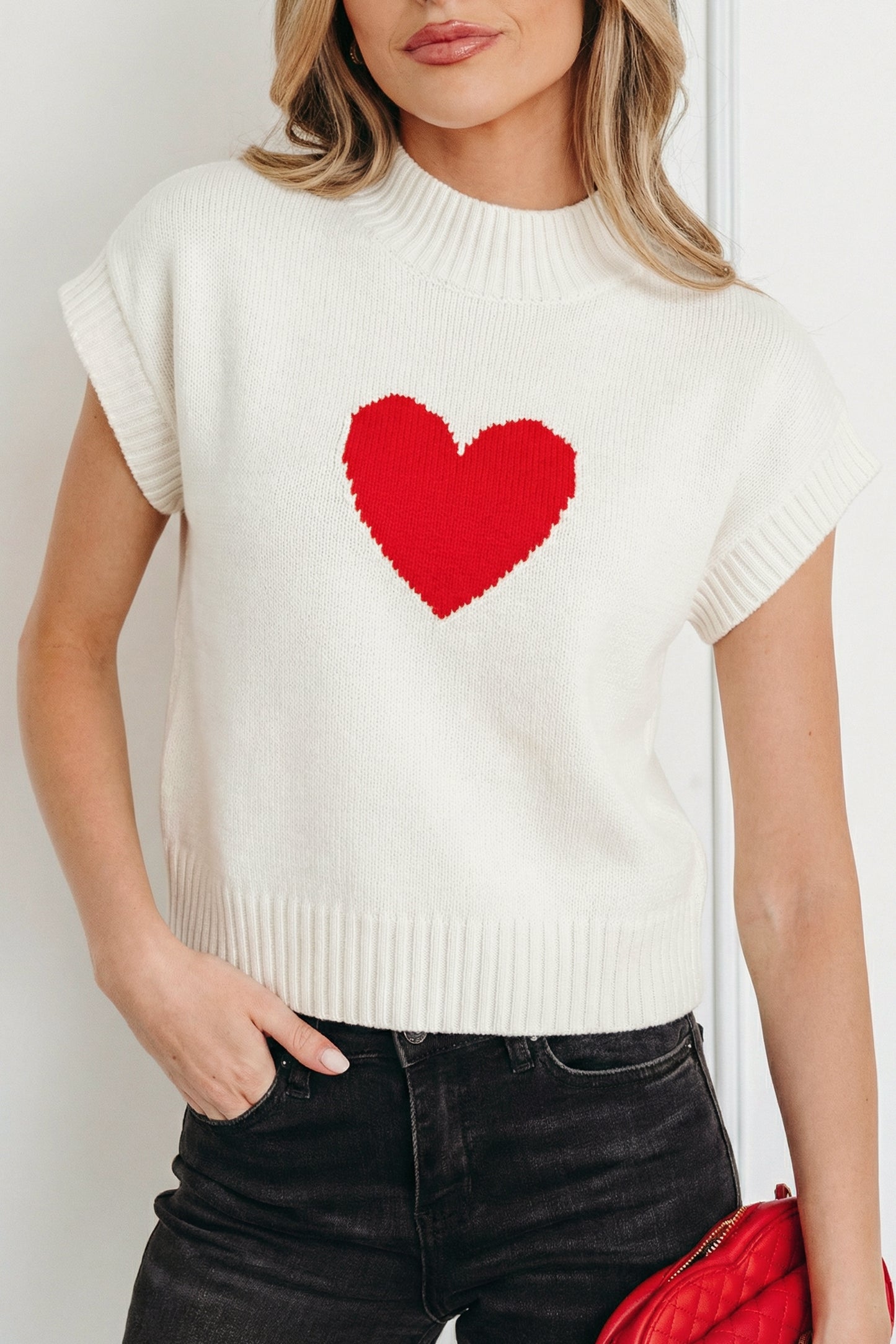 White Valentine Heart Graphic Cropped Short Sleeve Sweater