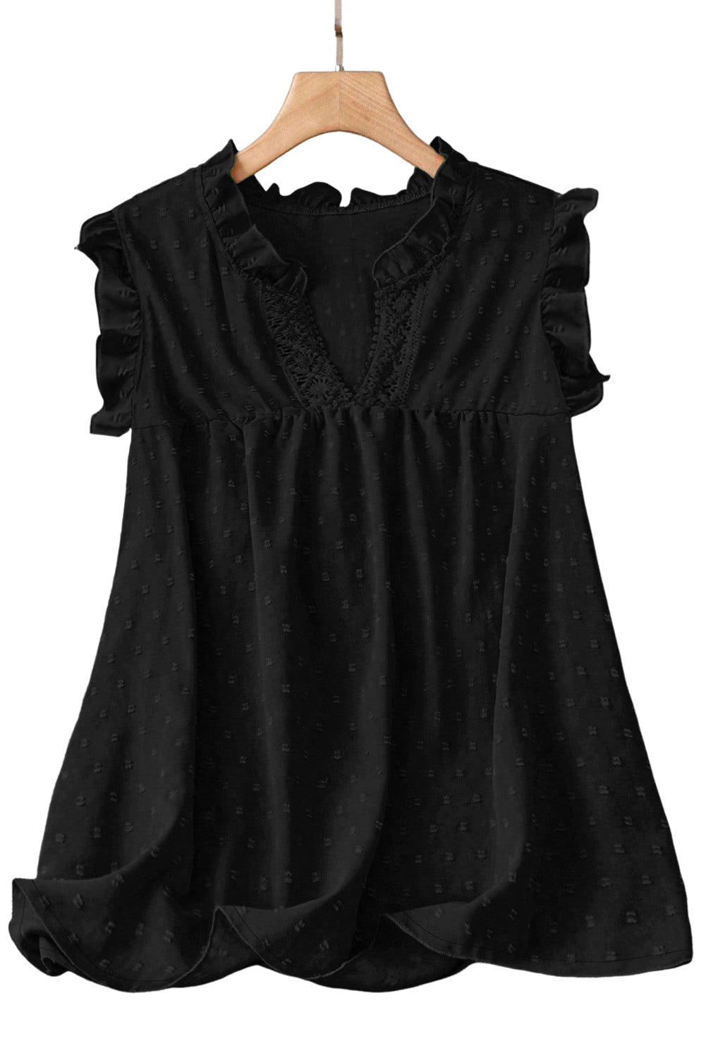 Black Plus Size Swiss Dot Ruffle Lace Trim V Neck Tank Top