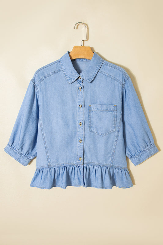 Beau Blue Half Sleeve Button Down Ruffled High Low Chambray Shirt
