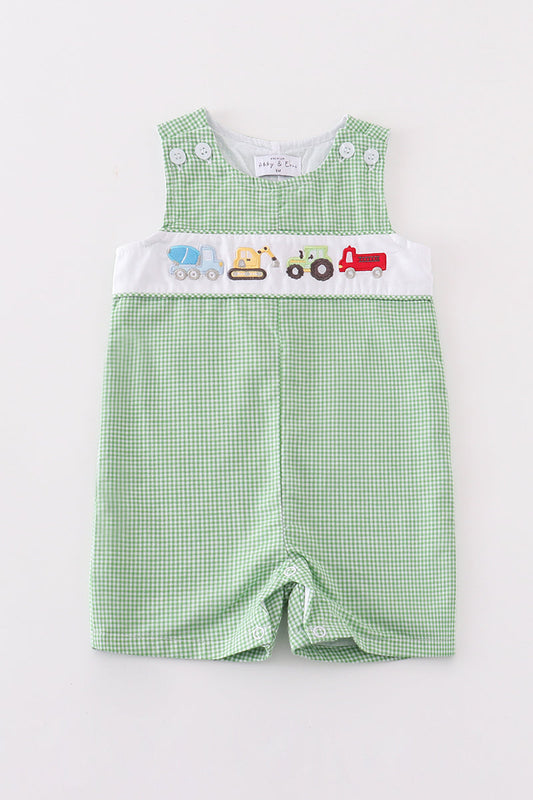 Premium Green Excavator Applique Boy Gingham JonJon
