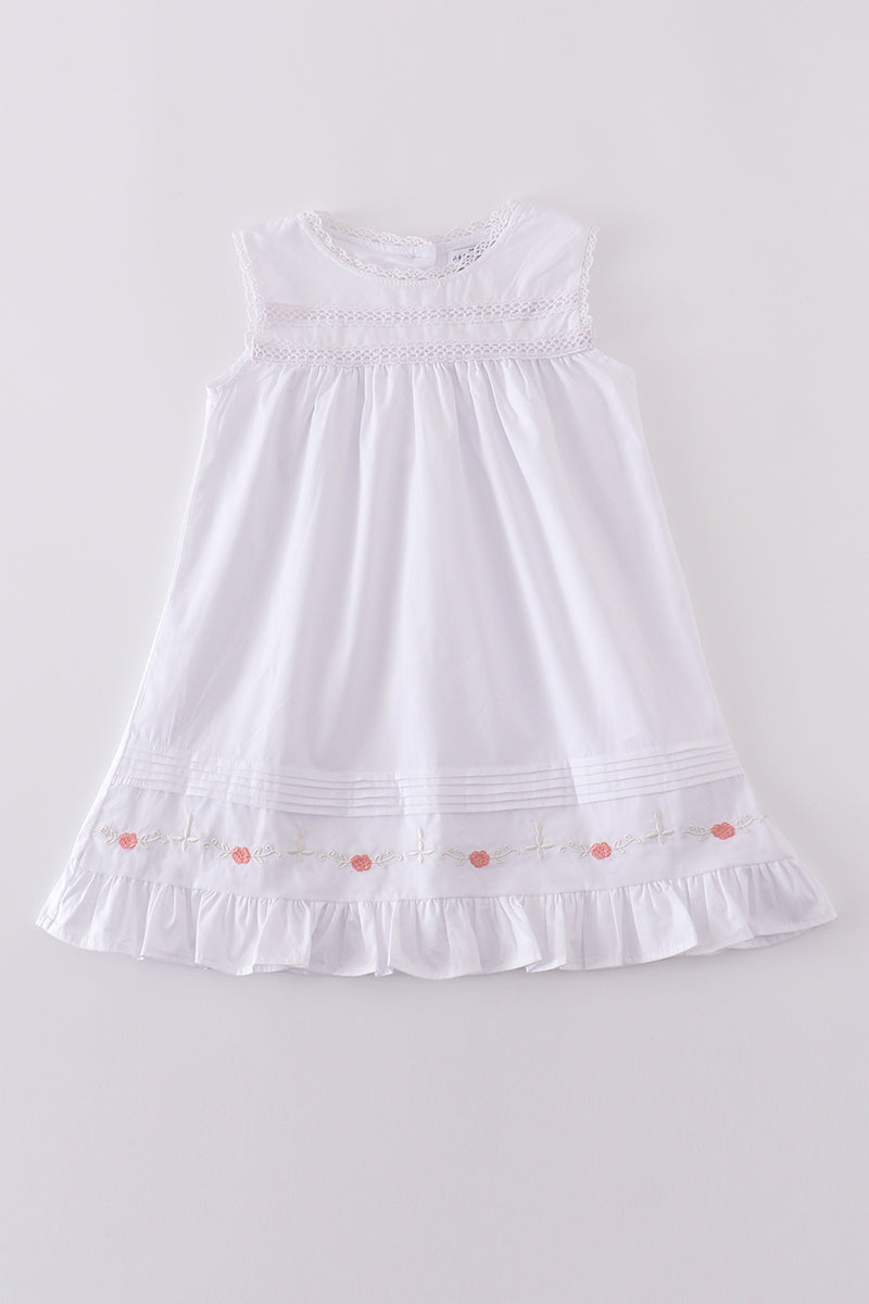 Premium white floral embroidery ruffle dress