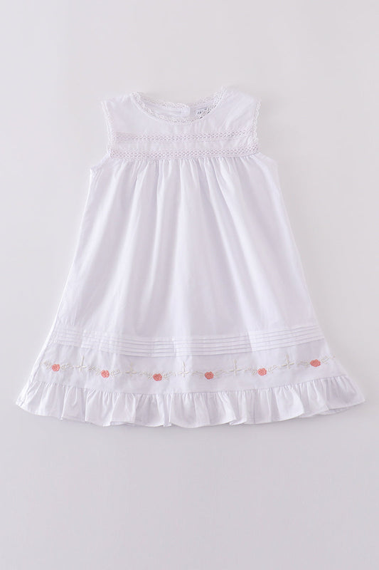 Premium white floral embroidery ruffle dress