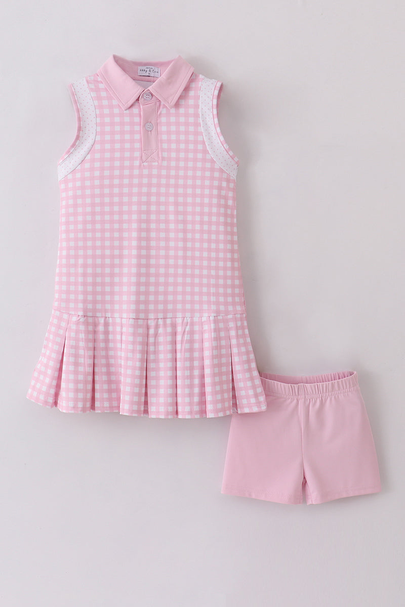 Pink active gingham shorts dress set