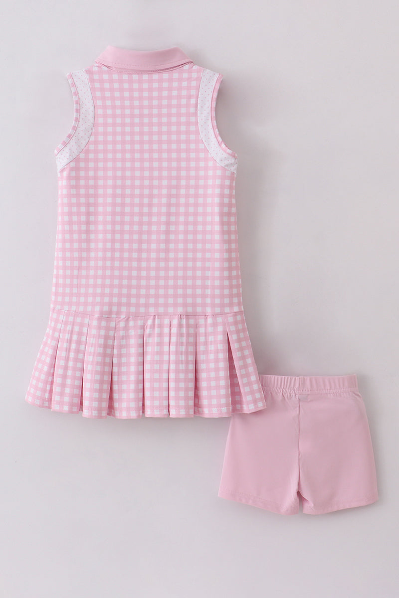 Pink active gingham shorts dress set