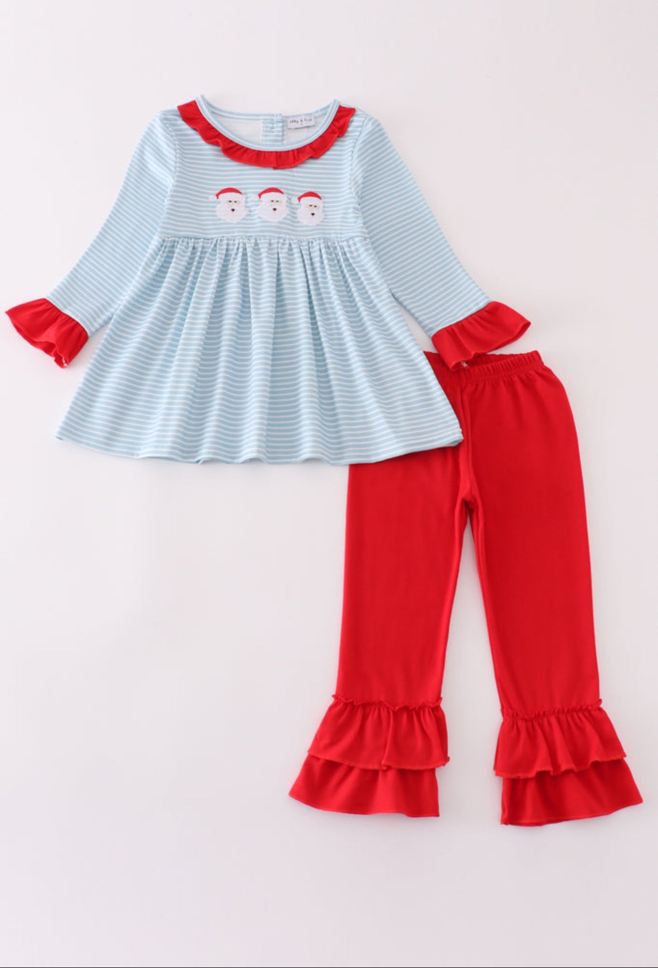 Blue Santa Ruffle Embroidery Girl Set