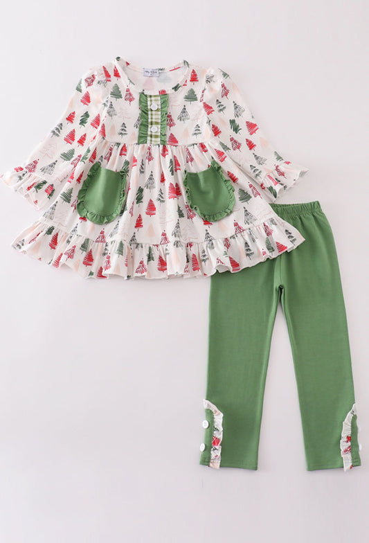 Green Christmas Tree Print Ruffle Girl Set