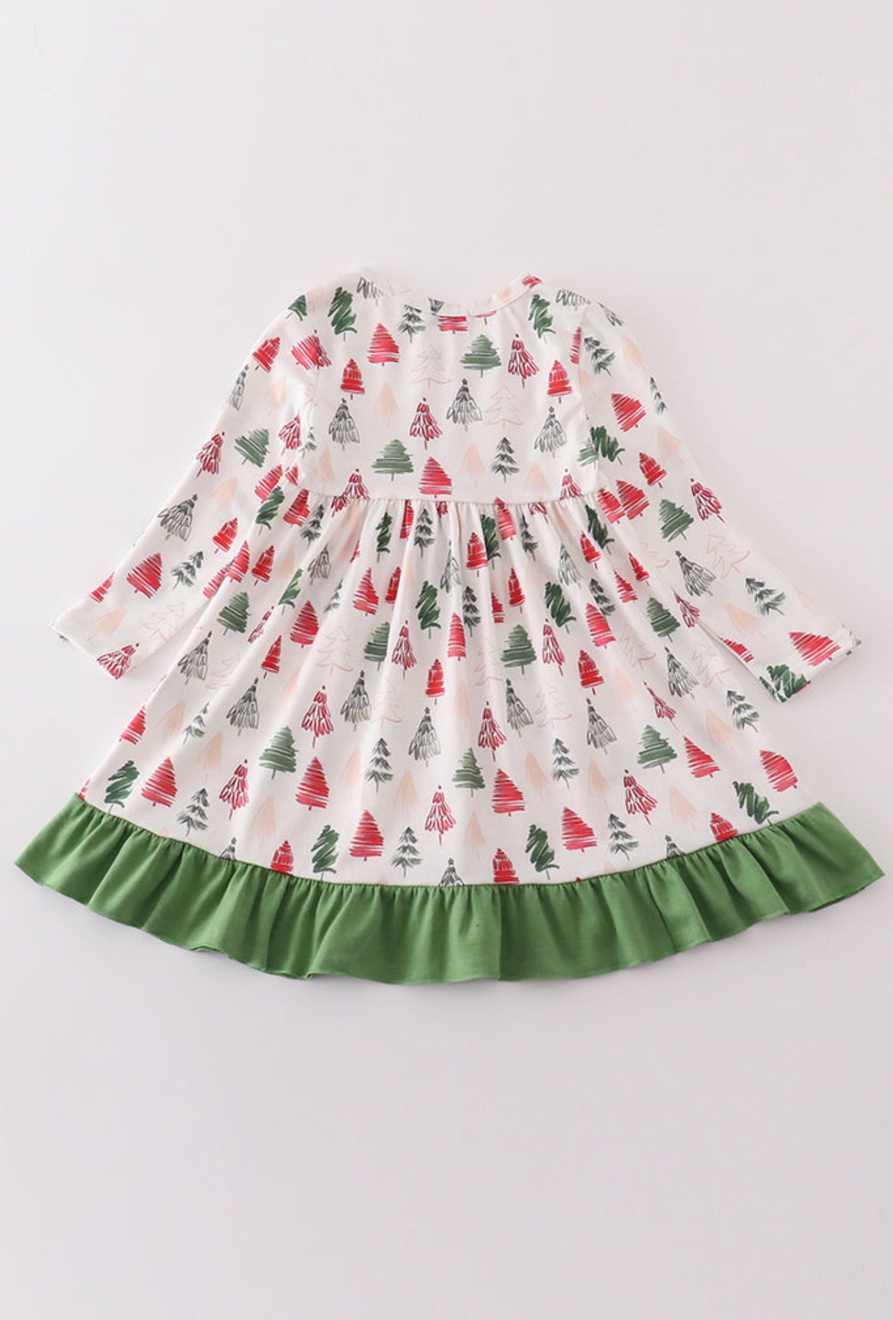 Green Christmas Tree Print Ruffle Girl’s Dress